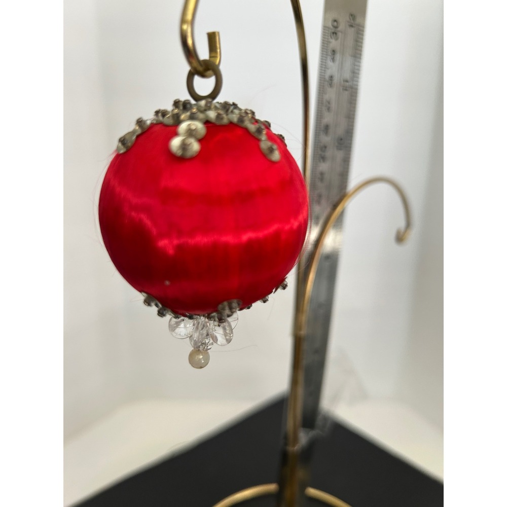 Ornament Christmas Red Satin Sequin Beaded Round Vintage Handmade Collectible
